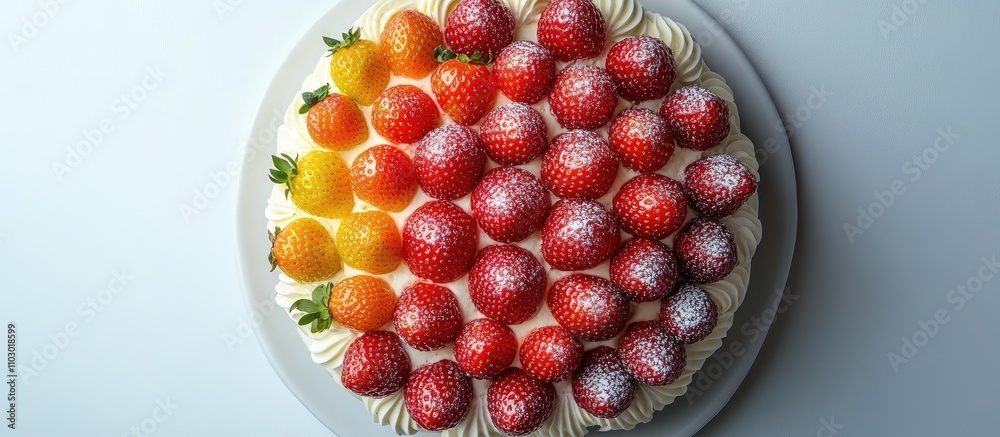 Poster colorful rainbow cake with strawberries and cream topping displayed on a white background captured f