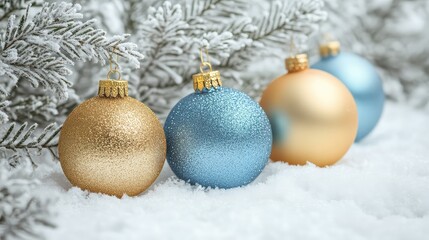 Festive Christmas Ornaments in Blue and Gold Nestled Among Snowy Branches