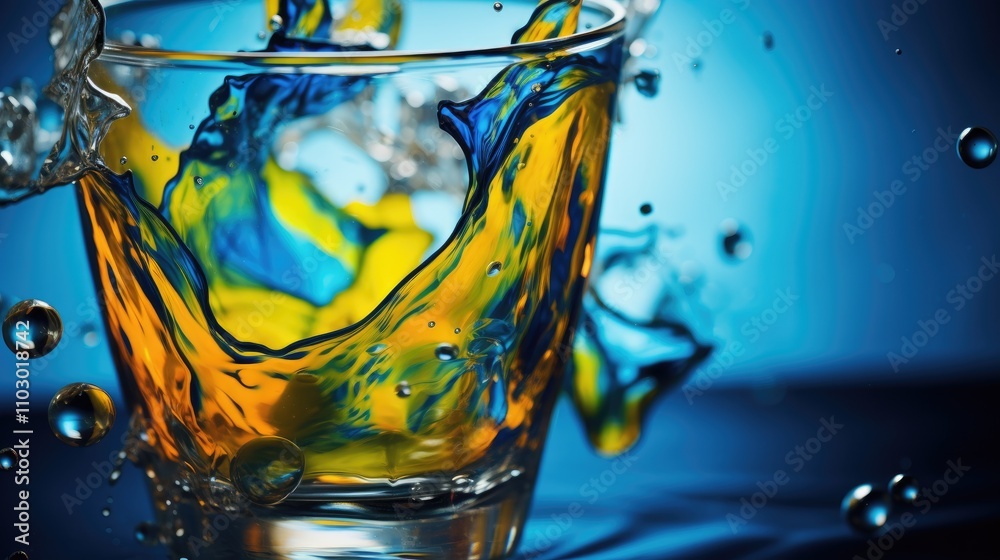 Aufkleber distorted blue and yellow patterns through a glass of water with liquid chlorophyll abstract colorfu