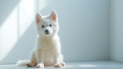 Adorable Fluffy Husky Puppy Sitting on Clean White Background Looking Curiously at Camera