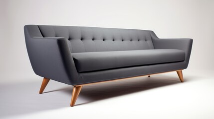 Chic modern sofa with button tufting and angular wooden legs against a minimalist background showcasing stylish interior design elegance