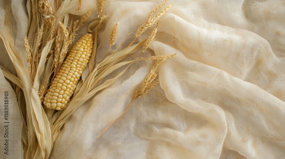 Poster dried corn cobs and golden grains arranged on soft fabric background for rustic farm or harvest them