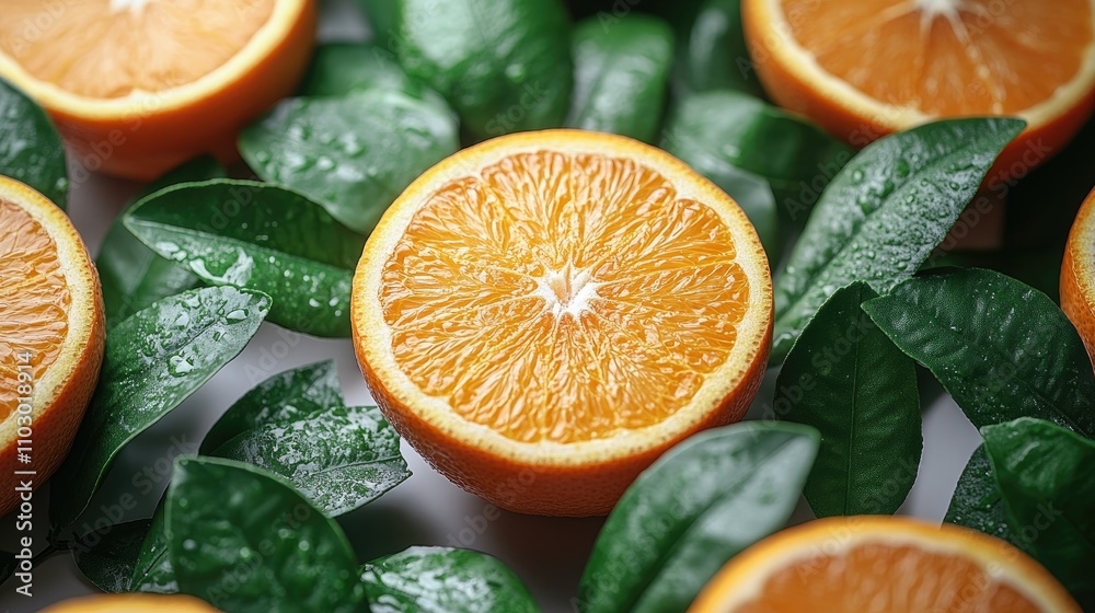 Poster sliced fresh oranges surrounded by green leaves creating a vibrant and refreshing composition on a l