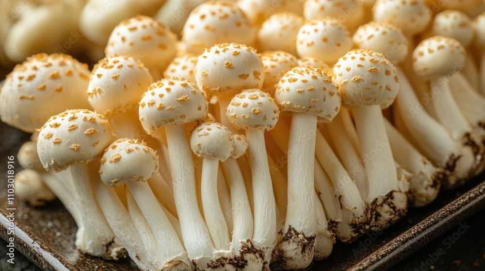 Poster Enoki mushrooms displayed on a textured surface showcasing their unique shape and delicate features in natural lighting setting