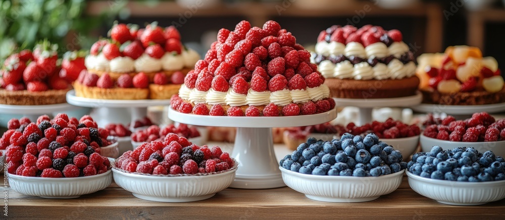 Poster Dessert table display featuring an assortment of mini cakes fresh berries and sweets arranged for a festive candy bar experience