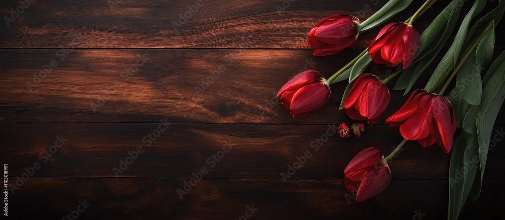 Aufkleber red tulips arranged on a dark wooden background with space for text suitable for spring or floral-th