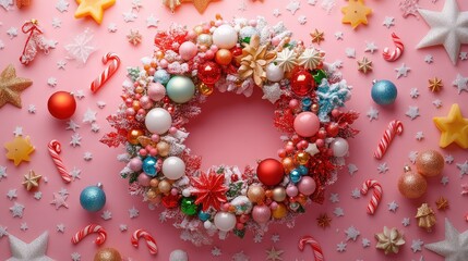 Obraz premium Image of Decorative Holiday Wreath Surrounded by Festive Elements Like Stars, Ornaments, and Candy Canes on a Bright Background