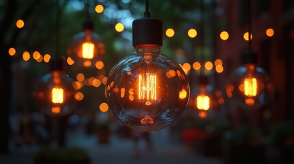 Vintage glass bulb lights creating a warm ambiance in an outdoor decorative setting with blurred bokeh background effects.