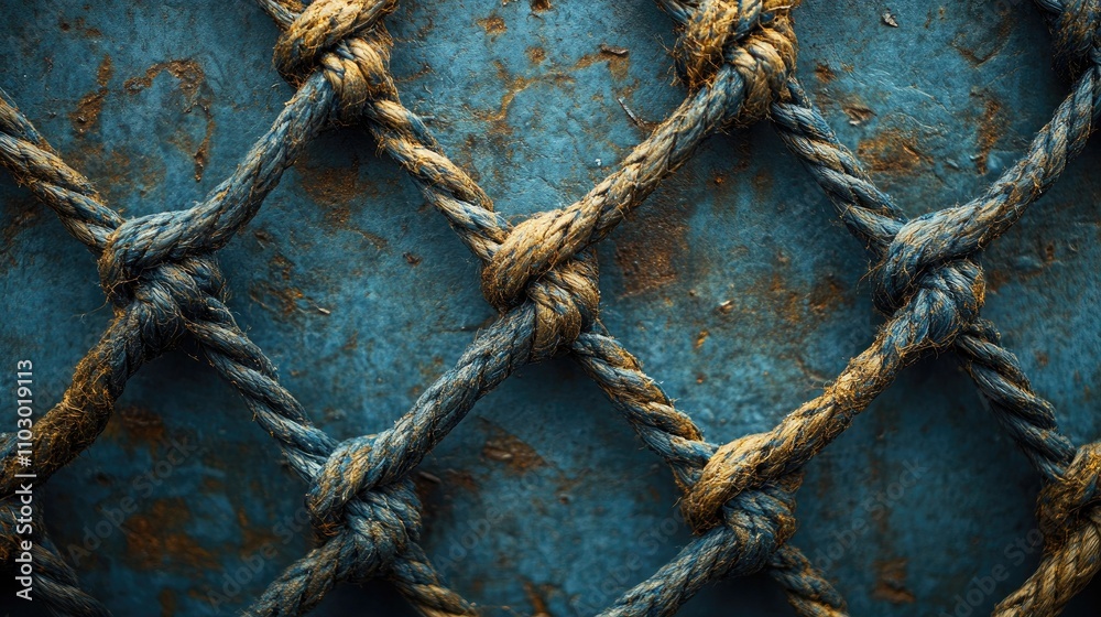 Poster Fish Net Texture Abstract Interior Wall Decor Design Featuring Knotted Fishing Net Pattern on Rustic Blue Background