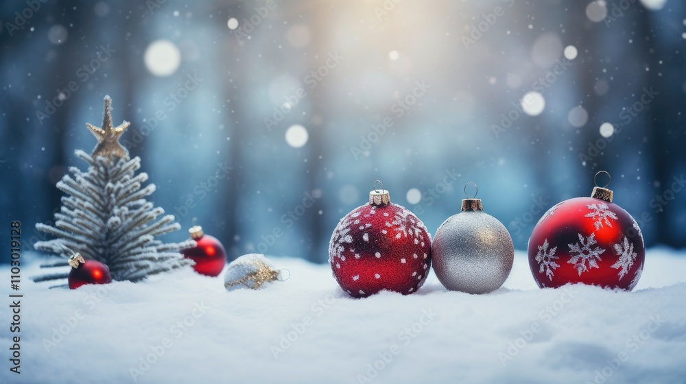Poster christmas ornaments and a small tree adorned with decorations in a snowy winter landscape with soft 