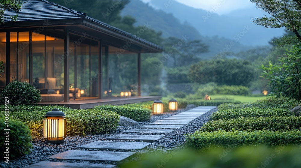 Poster elegant garden path illuminated by lanterns with ornamental tea plants and a serene backdrop of moun