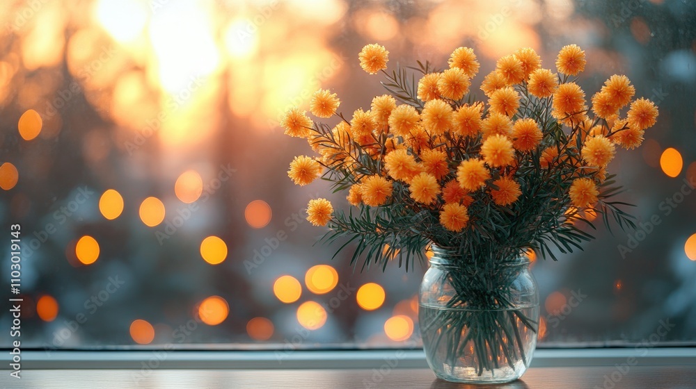 Poster Mimosa flower bouquet on a windowsill with warm bokeh lights creating a cozy and inviting atmosphere.