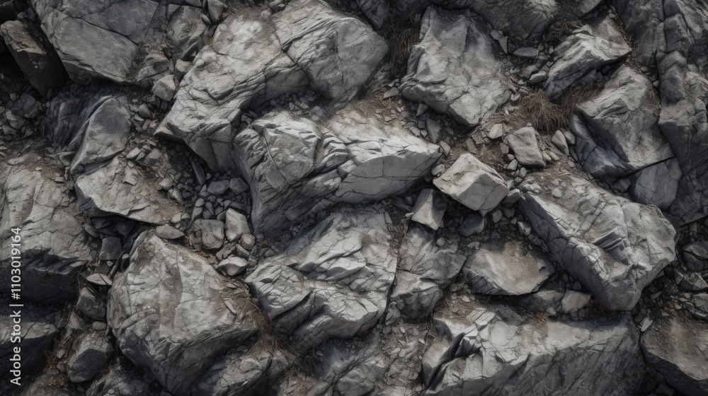 Poster close up view of rugged gray stone textures intermixed with mud under natural light showcasing geolo