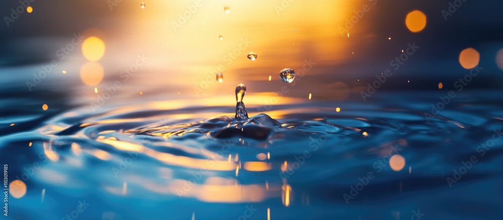 Aufkleber water droplet creating ripples in calm surface with soft sunlight reflections abstract background fo