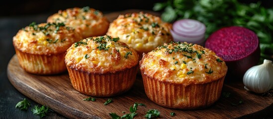 Freshly baked golden corn muffins on a wooden board with pickles onions garlic mayonnaise and beet garnish showcasing appetizing bakery delights