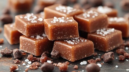 Caramel candies garnished with sea salt and chocolate pieces arranged on a dark surface, showcasing their rich texture and flavor.