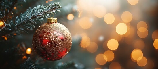 Festive Christmas ornament on a beautifully decorated fir tree with blurred warm lights creating a cozy holiday atmosphere.