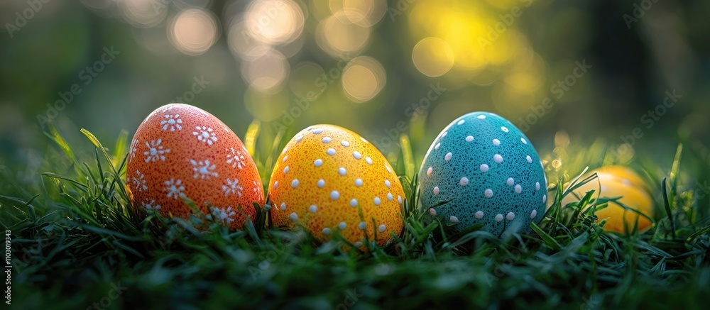Aufkleber Colorful decorated Easter eggs resting on fresh green grass in a serene outdoor setting with a soft blurred background.