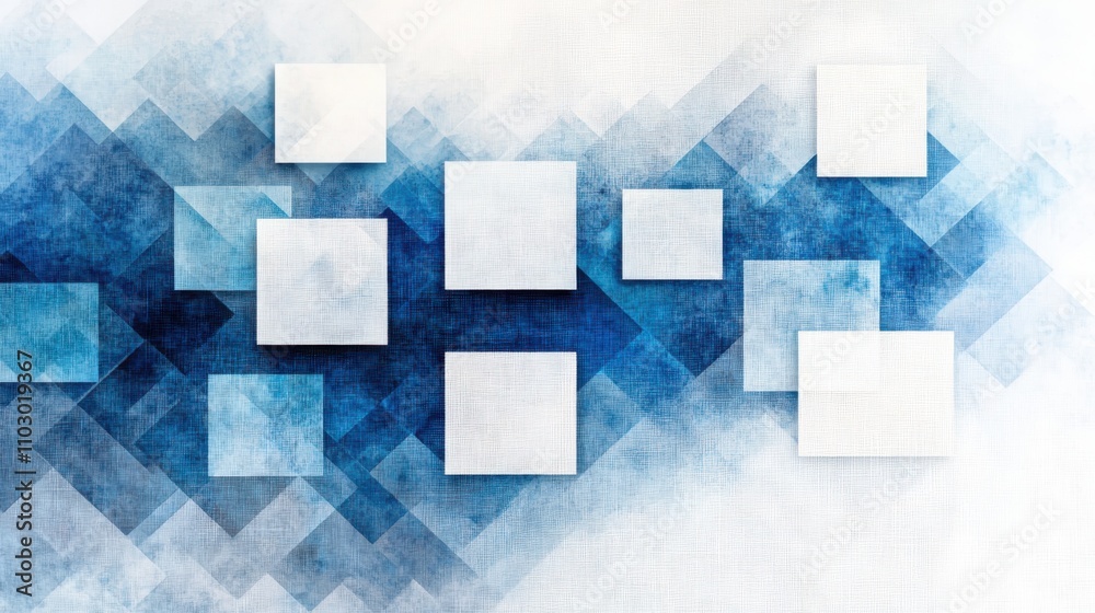Poster creating minimalist squares composition in gradient blues on linen texture for a clean artistic pres
