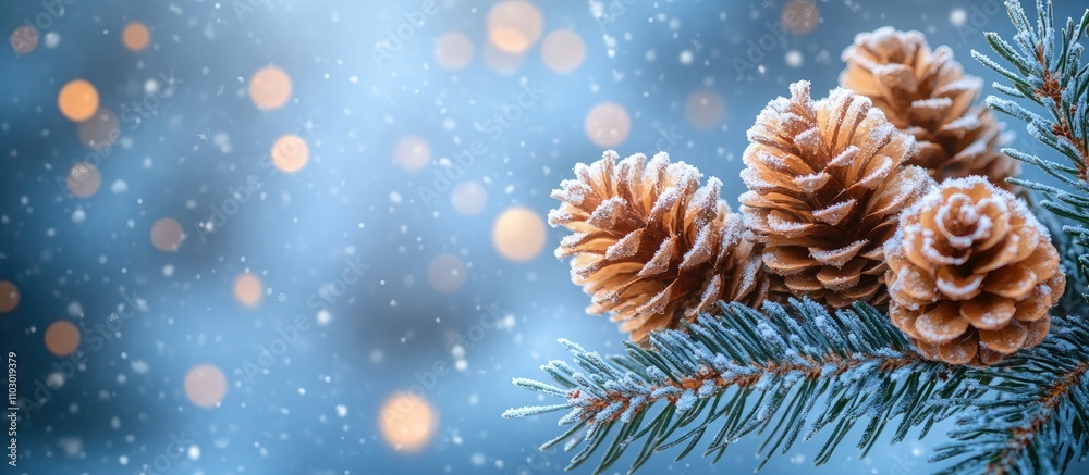 Poster blue spruce branch covered in snow adorned with pine cones in a serene winter landscape with soft bo