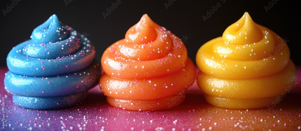 Poster swirled colorful frosting in vibrant hues with a sparkling finish perfect for creative dessert theme