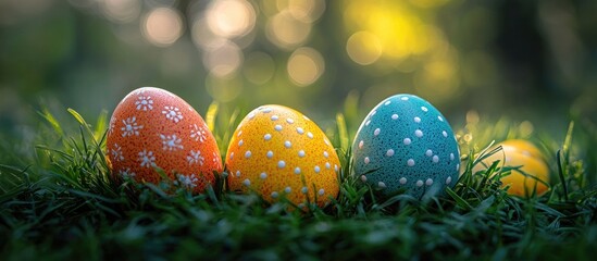 Colorful decorated Easter eggs resting on fresh green grass in a serene outdoor setting with a soft blurred background.