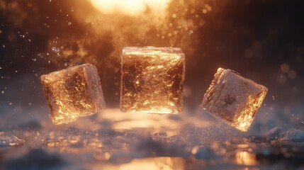 Image of Three Ice Cubes Descending Gracefully with Crystal-Clear Edges Catching the Light Against a Mesmerizing Background