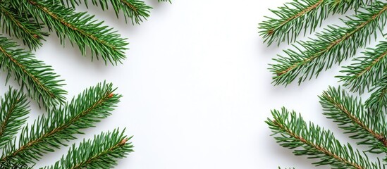Obraz premium Green pine branches arranged symmetrically against a white background creating a fresh natural frame for seasonal or festive designs