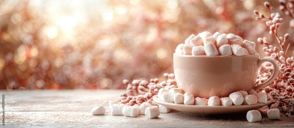 Poster Warm cup of hot chocolate topped with fluffy marshmallows set against a soft light background on a rustic table