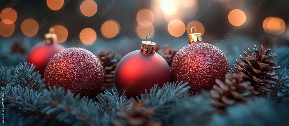 Poster festive christmas and new year decorations with red ornaments and pine cones surrounded by warm boke
