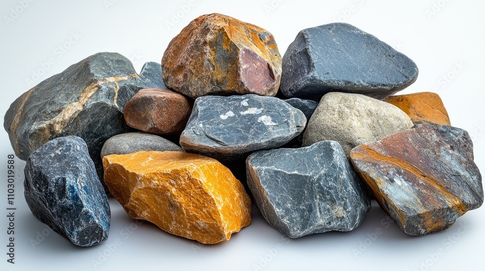 Poster Detailed close-up of a collection of various textured stones arranged on a neutral background highlighting their unique colors and patterns.