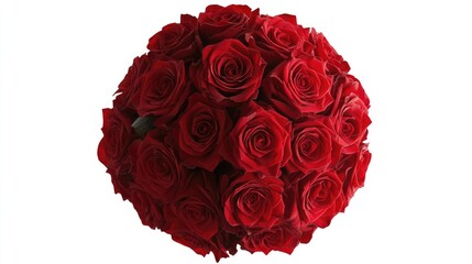 Elegant bouquet of fresh red roses arranged in a circular formation on a pristine white background, viewed from above.