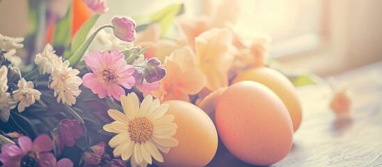 Easter decoration with pastel flowers and eggs in a nostalgic retro style natural light setting