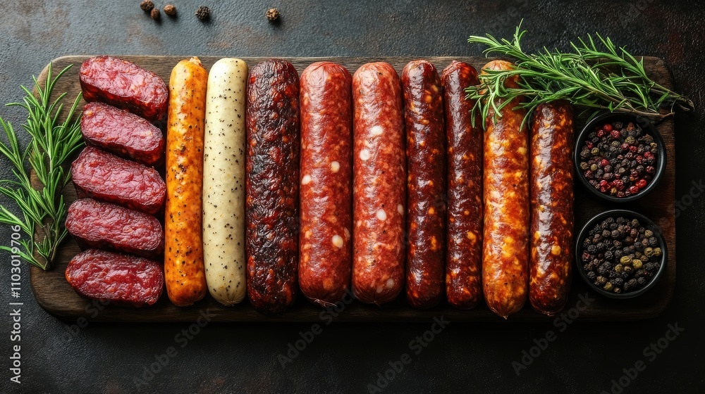Poster assorted sausages arranged on a dark concrete surface with herbs and spices for a gourmet food displ