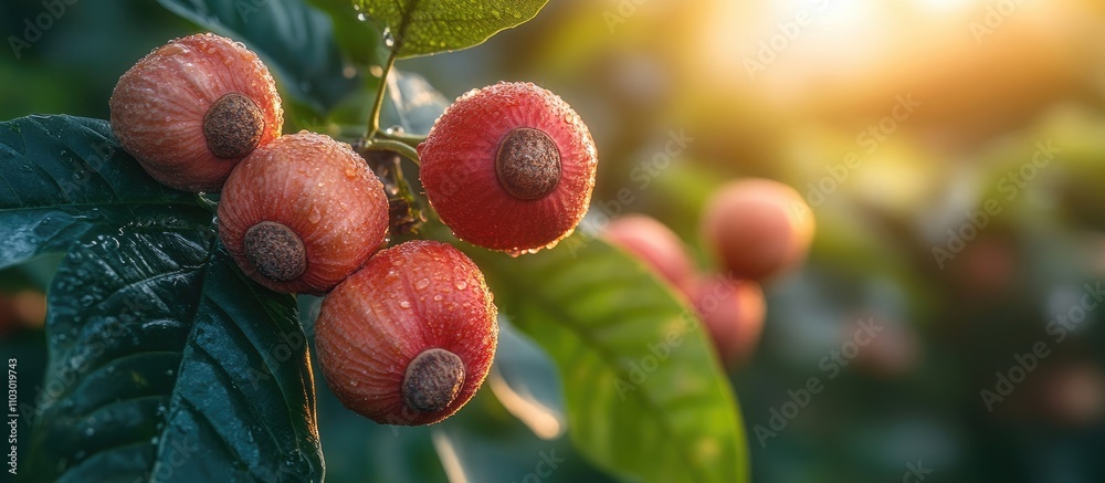 Poster cashew nuts growing on a tree branch illuminated by sunlight in a vibrant natural setting