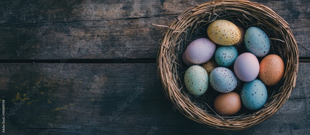 Poster colorful easter eggs arranged in a rustic basket on a weathered wooden tabletop for festive spring c