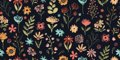 Seamless pattern with flowers. Cute floral simple doodle botanical art. Flowers, leaves, greenery kid style drawings. Crayon pencil vector. Spring, summer childish blosooms. Endlesss, repeat wallpaper