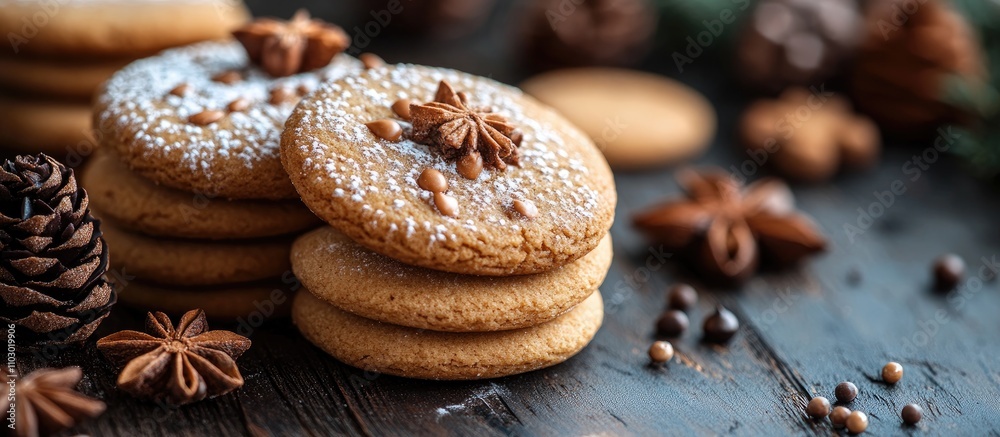 Poster Warm and inviting cookies with spices arranged on a rustic wooden surface perfect for a greeting card background