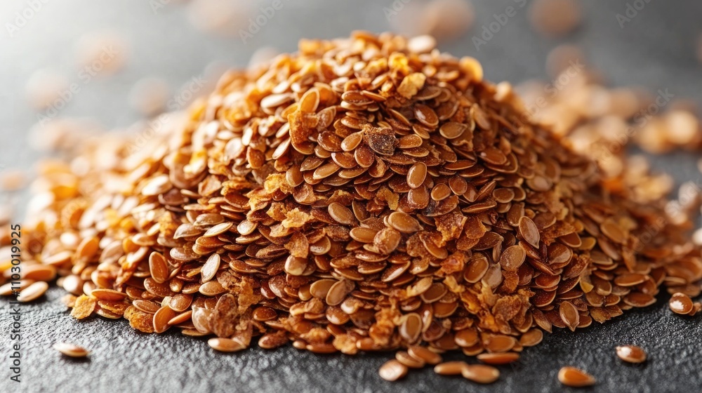 Poster dried flax seeds piled on a dark surface showcasing their texture and color against a bright backgro