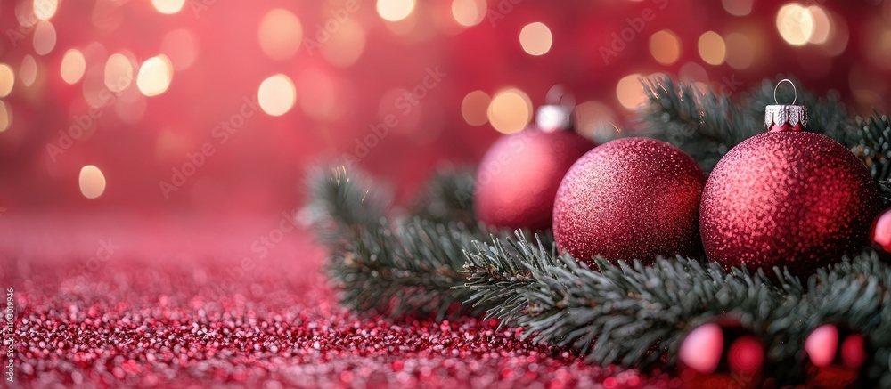 Poster festive arrangement of fir branches and shimmering red christmas ornaments on a vibrant pink backdro