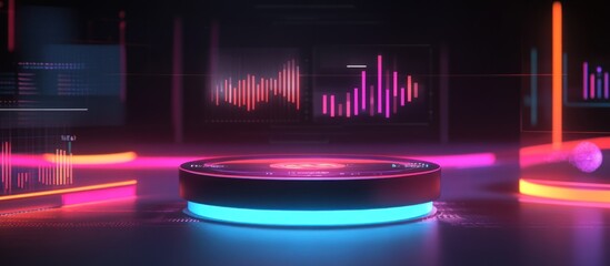 Futuristic neon display platform with vibrant data visualizations.