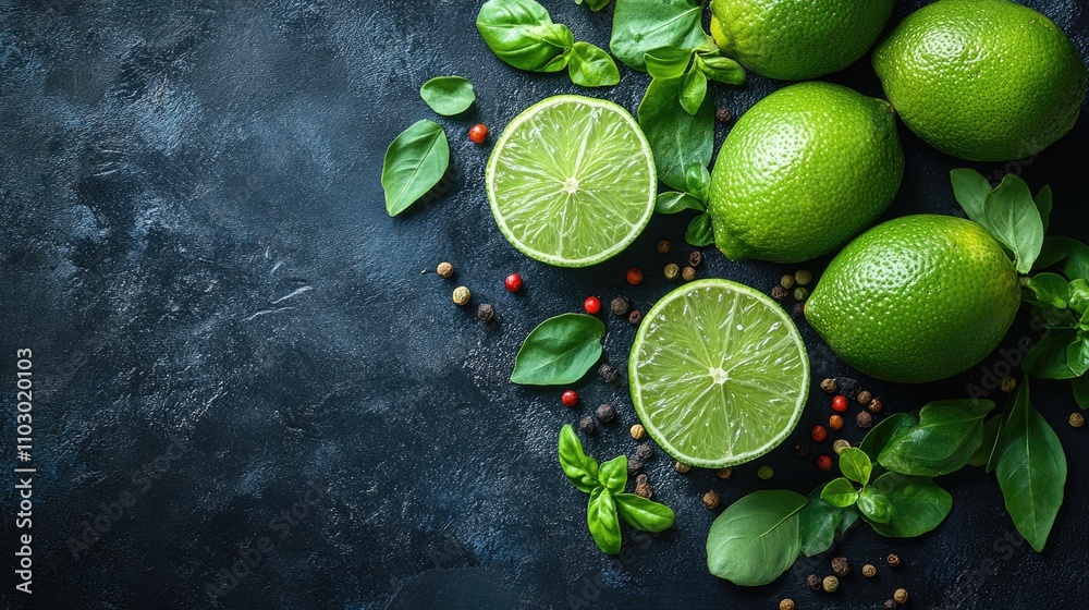Poster fresh limes and basil leaves on a dark background with a mix of colorful peppercorns for culinary pr