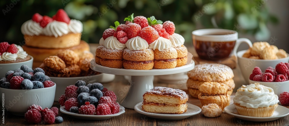 Poster breakfast spread with coffee and an assortment of pastries fruits and desserts on rustic wooden tabl