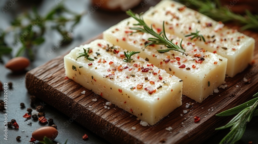 Poster delicious salted white cheese with herbs and spices arranged on a rustic wooden board against a mini