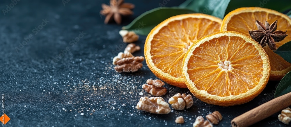 Poster dried orange slices with cinnamon and walnuts on a dark stone background creating a warm seasonal at