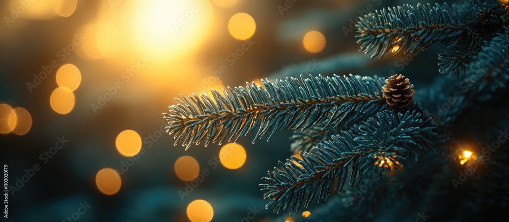 Aufkleber fluffy fir tree branch with pine cone and soft bokeh lights in the background creating a warm and fe