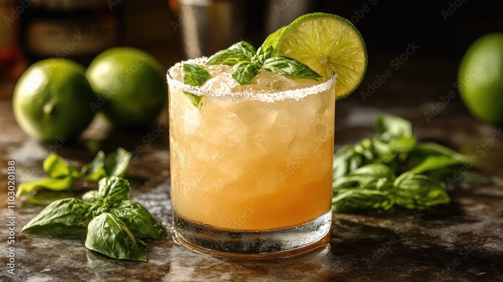 Poster refreshing summer lime cocktail with tequila, basil, and ice garnished with lime on a dark backgroun