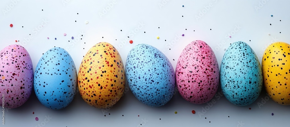 Poster Vibrant Easter eggs with speckled patterns arranged on a light background creating a festive and playful springtime atmosphere.