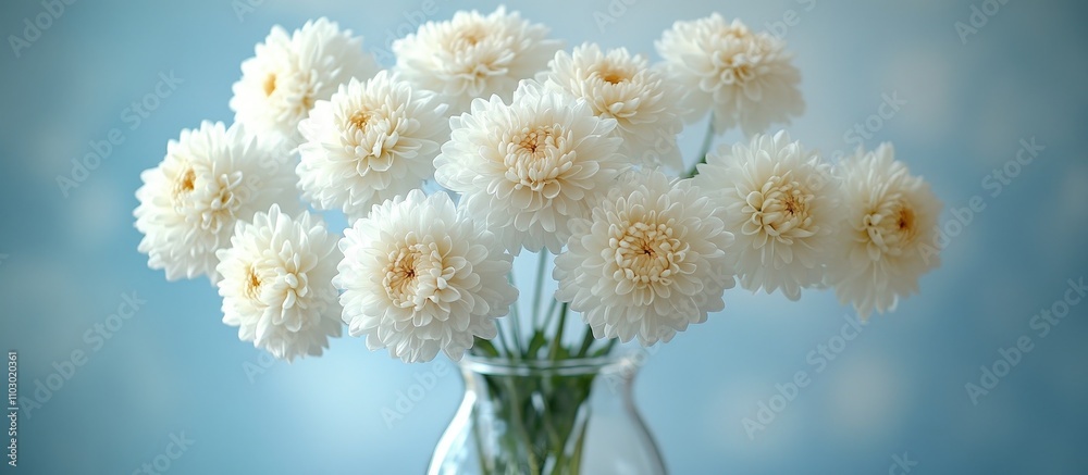 Poster elegant arrangement of white chrysanthemums in a glass vase with soft blue background capturing the 