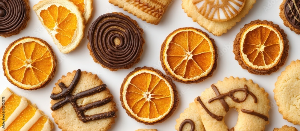 Poster assorted cookies decorated with dried orange slices and chocolate drizzles on a white background for